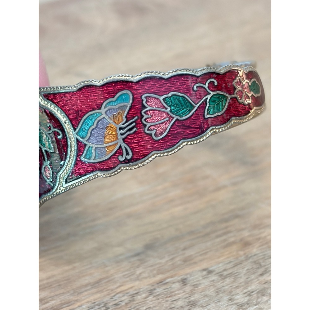 Vintage Red Cloisonne Enamel Butterfly Hinged Bangle Bracelet Floral Boho - Picture 6 of 11
